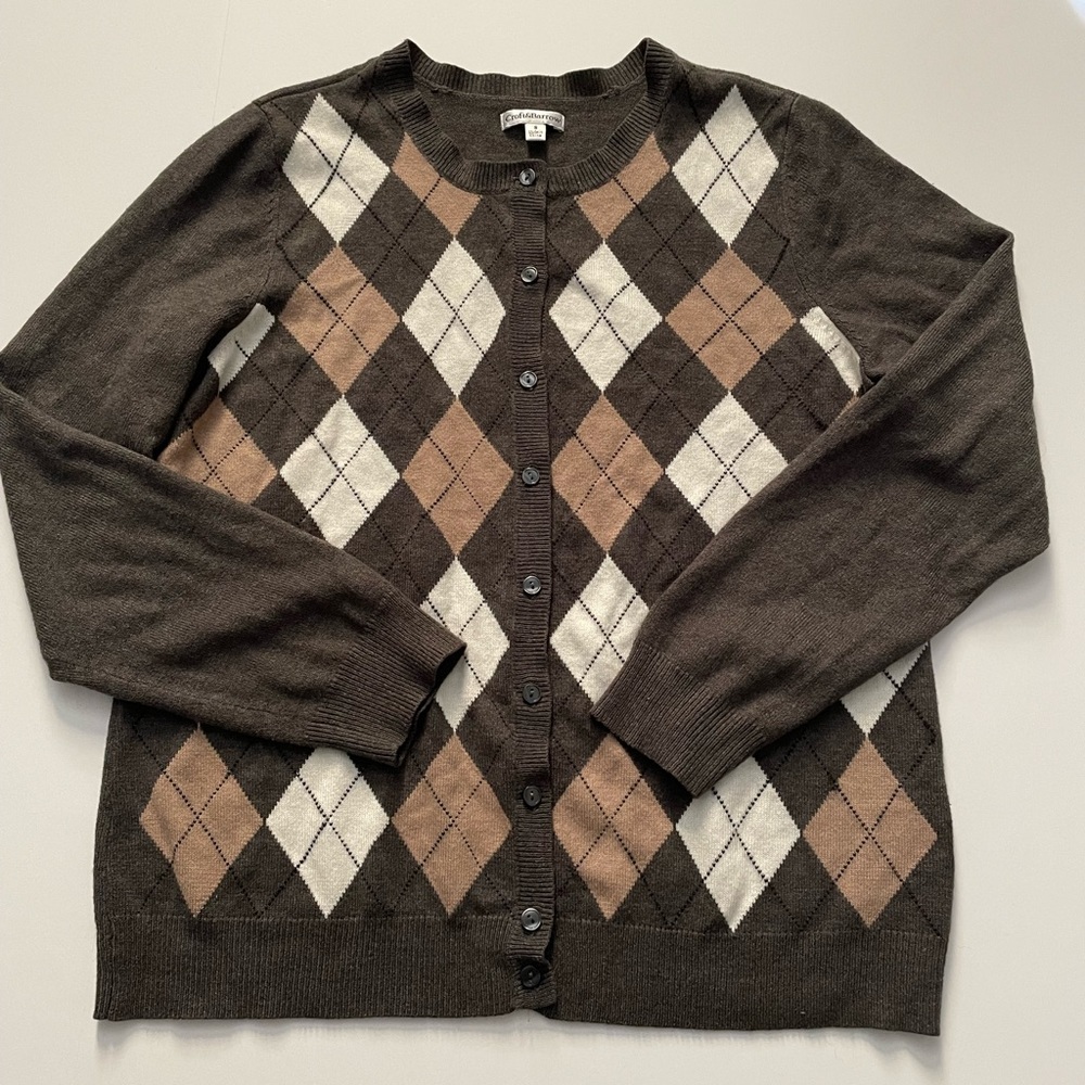 Croft Barrow Womens Cardigan Gray Argyle Diamond Long Sleeve Button Up Size S